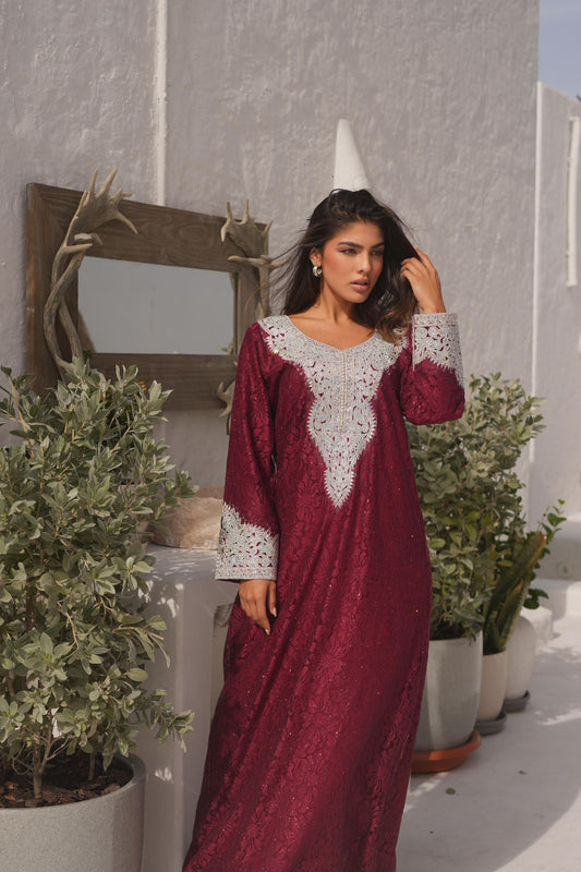 Luxurious Burgundy Embroidered Jalabiya