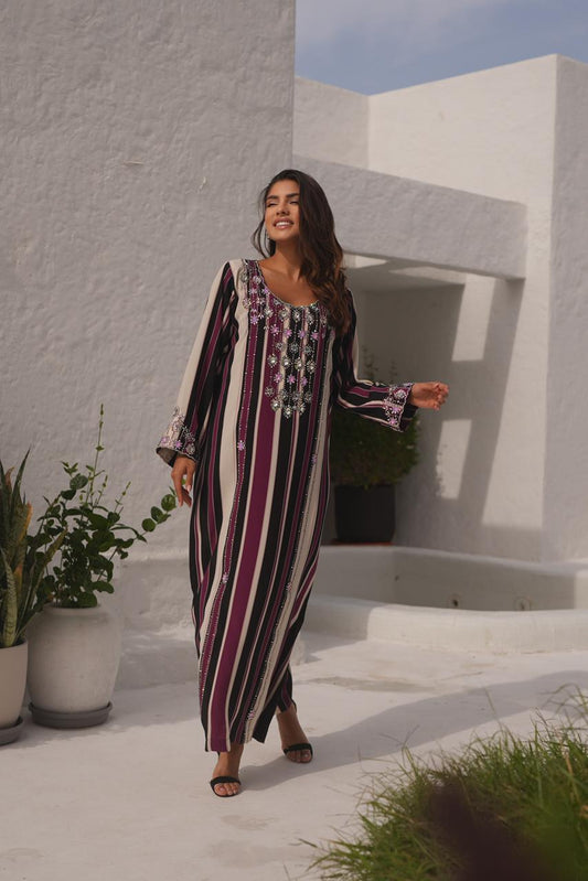 Burgundy Striped Embroidered Jalabiya